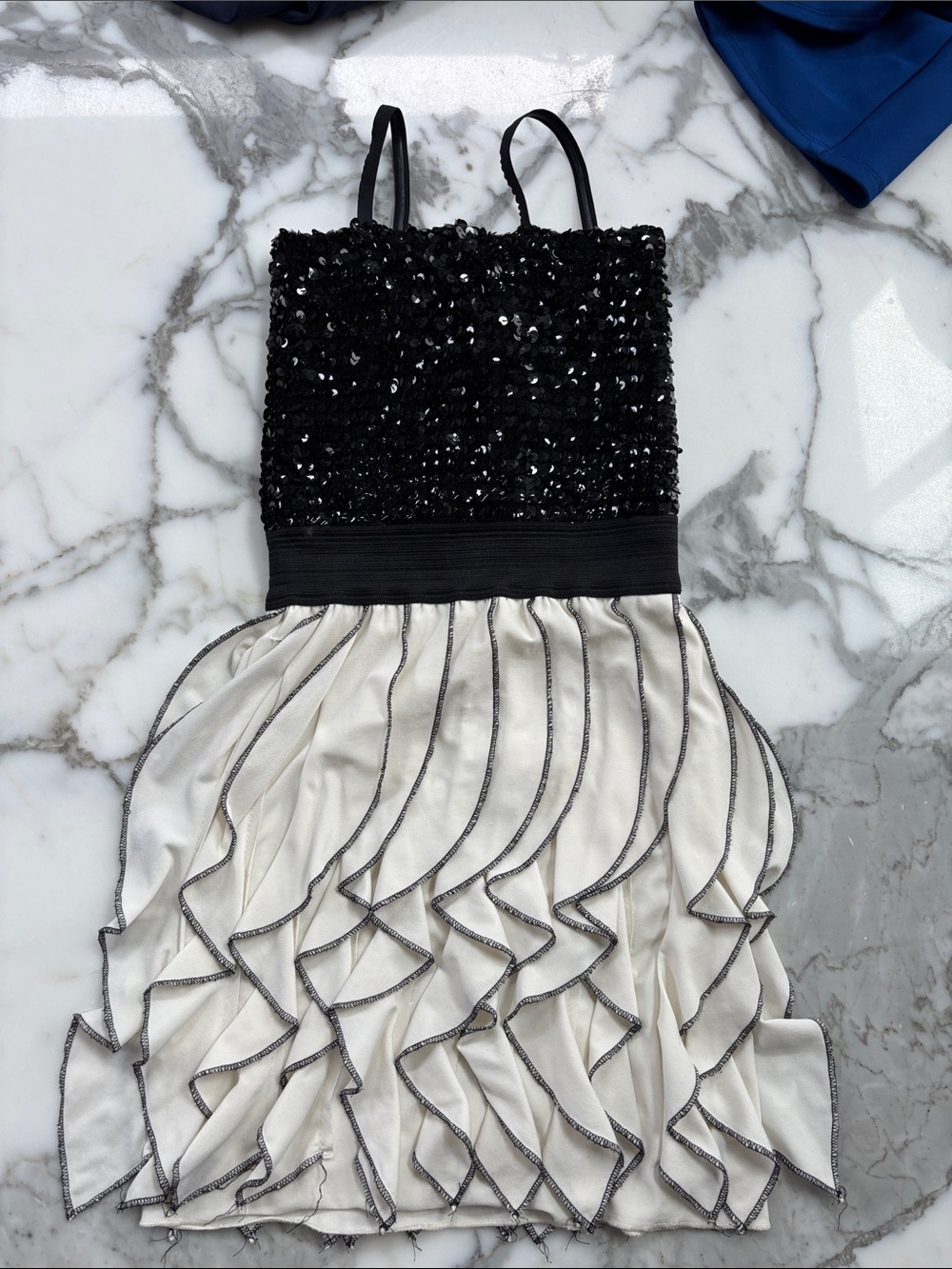 Girls Black Sequin & Ivory Ruffle Party Dress